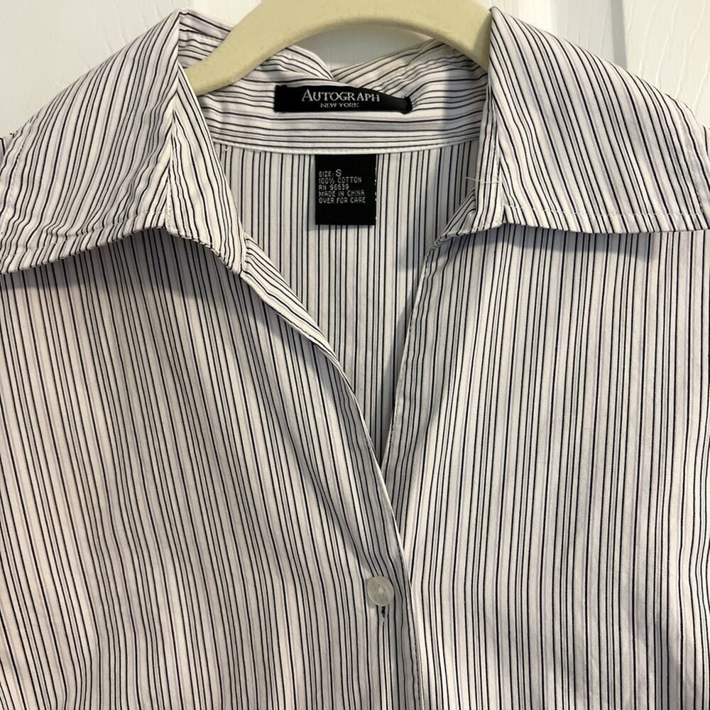 Autograph Button Down Blouse Top‎ Woman Size Small Black & Purple Stripe V-Neck